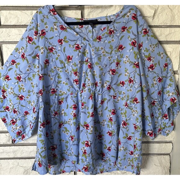 Lane Bryant Tops - Lane Bryant Floral Blue Flowy V Neck Kimono Style Blouse Size 18/20 Babydoll
